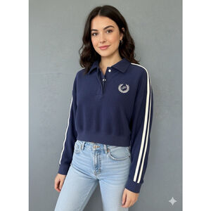 PINK Victoria’s Secret Cropped Fleece Pullover XS Navy Stripe Logo